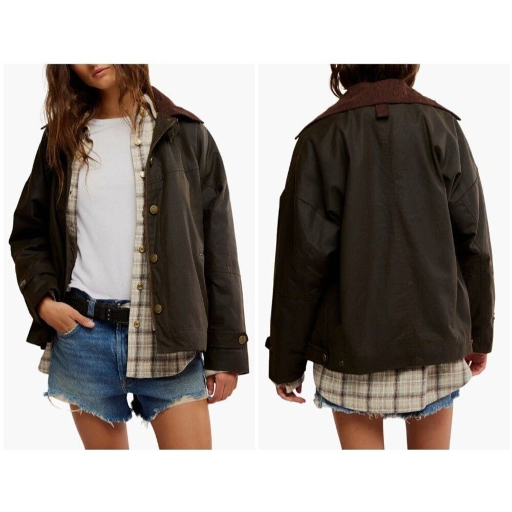Free People We The Free Women's Olive Green Cori Waxed Cotton Jacket Size XL